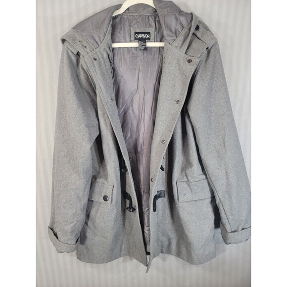 Carbon Wool Blend Coat Size Xl Gray Hooded Lined Pockets Long Button Front - Picture 1 of 11